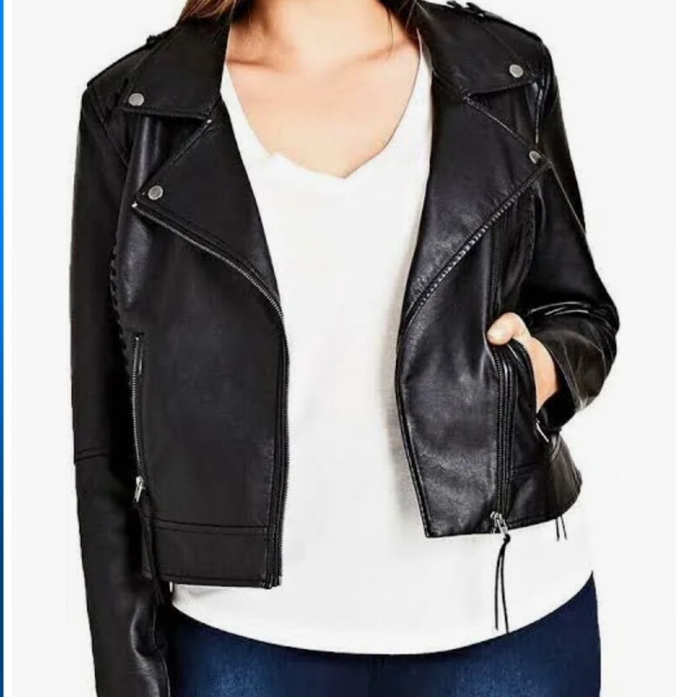 City Chic Womens Black Faux Leather Whip Stitch Full Zip Biker Jacket xl/22